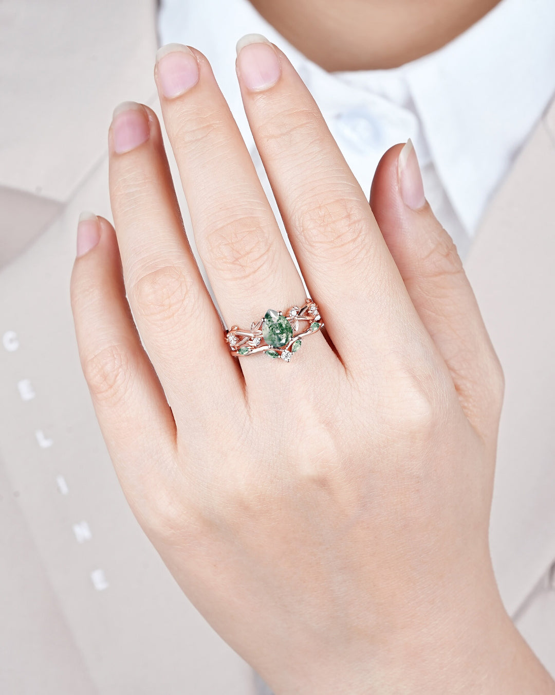 Nature Inspired Pear Cut Moss Agate Engagement Ring, 14K Rose Gold Leaf Vine Promise Wedding Ring, Unique Personalized Jewelry for Women - ShainJewelry