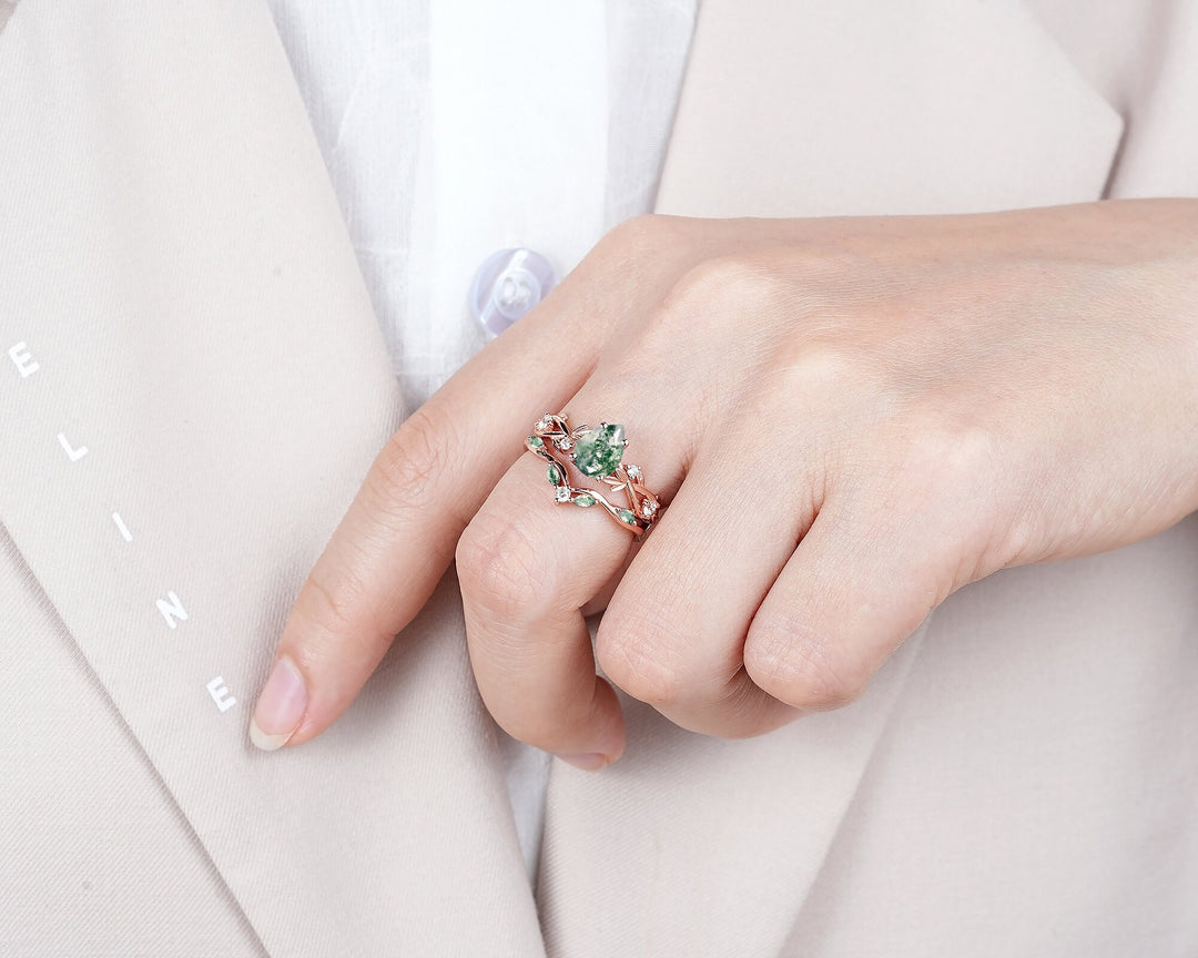 Nature Inspired Pear Cut Moss Agate Engagement Ring, 14K Rose Gold Leaf Vine Promise Wedding Ring, Unique Personalized Jewelry for Women - ShainJewelry