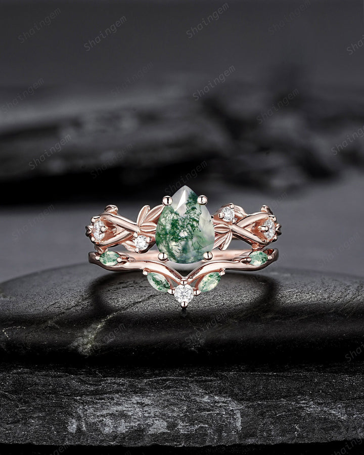 Nature Inspired Pear Cut Moss Agate Engagement Ring, 14K Rose Gold Leaf Vine Promise Wedding Ring, Unique Personalized Jewelry for Women - ShainJewelry