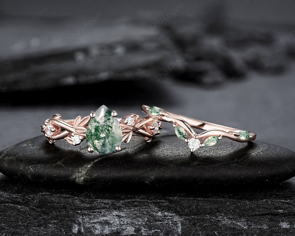 Nature Inspired Pear Cut Moss Agate Engagement Ring, 14K Rose Gold Leaf Vine Promise Wedding Ring, Unique Personalized Jewelry for Women - ShainJewelry