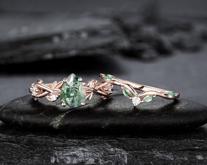Nature Inspired Pear Cut Moss Agate Engagement Ring, 14K Rose Gold Leaf Vine Promise Wedding Ring, Unique Personalized Jewelry for Women - ShainJewelry