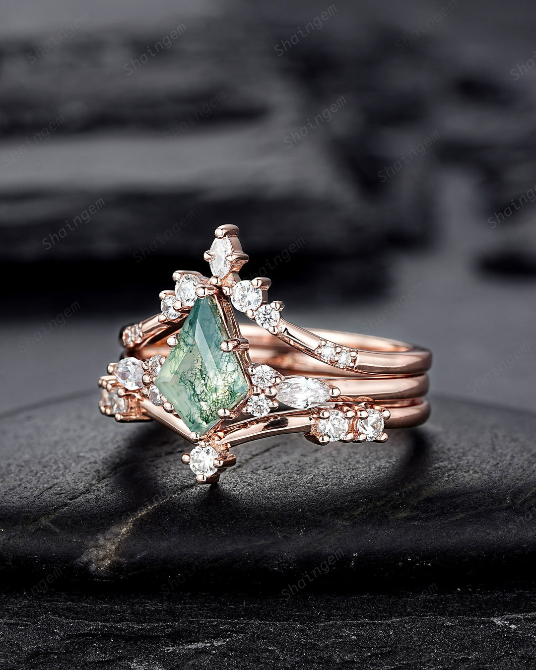3PCS Vintage Kite Cut Moss Agate Engagement Ring Set, Unique V Shape 14K Rose Gold Promise Ring, Agate Bridal Set Wedding Ring Gift for her - ShainJewelry