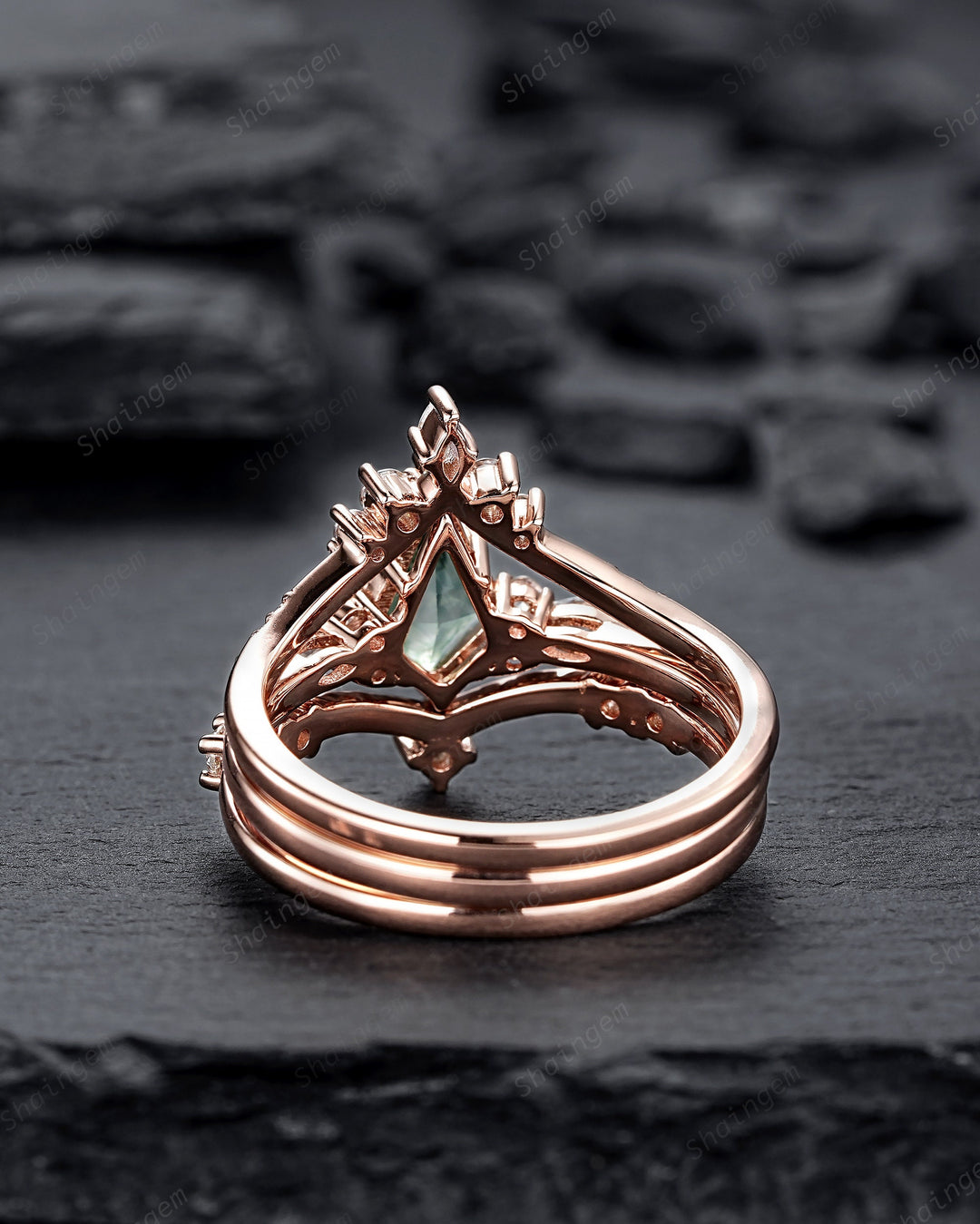 3PCS Vintage Kite Cut Moss Agate Engagement Ring Set, Unique V Shape 14K Rose Gold Promise Ring, Agate Bridal Set Wedding Ring Gift for her - ShainJewelry
