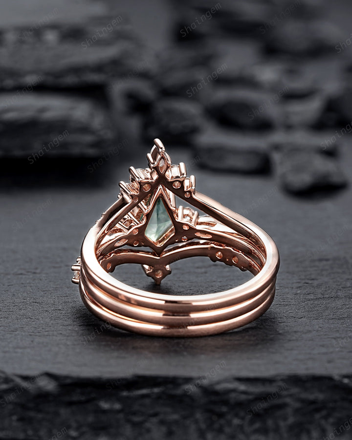 3PCS Vintage Kite Cut Moss Agate Engagement Ring Set, Unique V Shape 14K Rose Gold Promise Ring, Agate Bridal Set Wedding Ring Gift for her - ShainJewelry