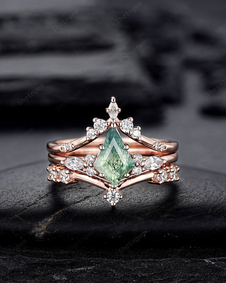 3PCS Vintage Kite Cut Moss Agate Engagement Ring Set, Unique V Shape 14K Rose Gold Promise Ring, Agate Bridal Set Wedding Ring Gift for her - ShainJewelry