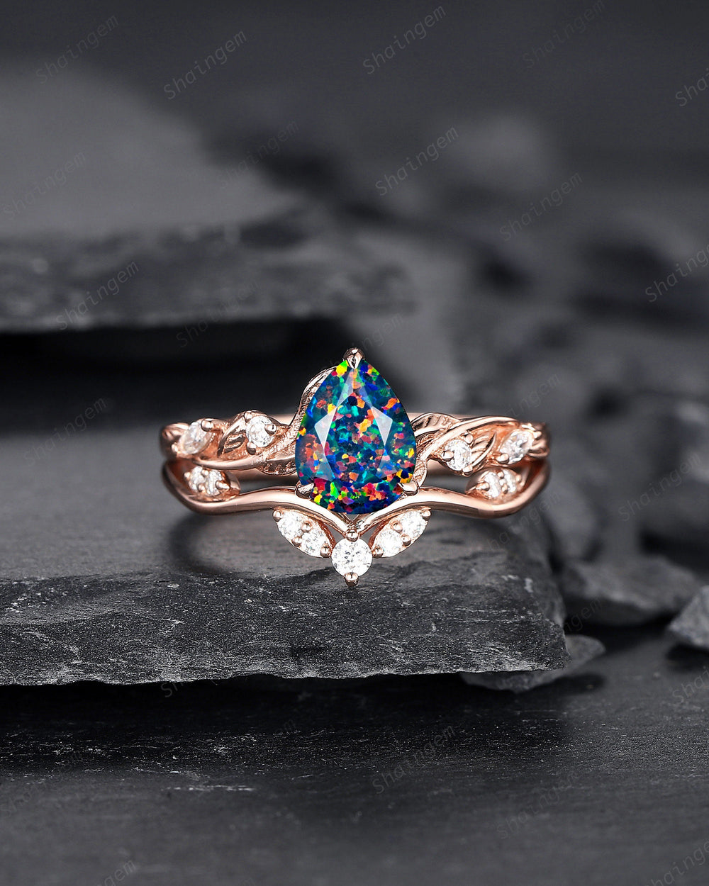 Nature Inspired Pear Cut Facet Black Opal Leaf Engagement Ring Set, Unique Rose Gold Twig Branch Wedding Ring Bridal Set, Vine Promise Ring - ShainJewelry