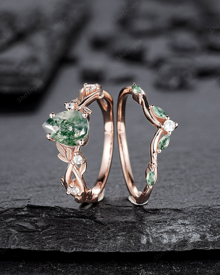Nature Inspired Pear Cut Moss Agate Engagement Ring, 14K Rose Gold Leaf Vine Promise Wedding Ring, Unique Personalized Jewelry for Women - ShainJewelry
