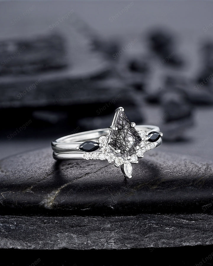 Vintage Kite Cut Black Rutilated Quartz Engagement Ring Set, 14K White Gold Promise Ring, Black Quartz Bridal Set Wedding Ring Gift for her - ShainJewelry