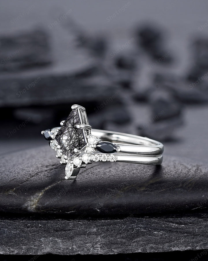 Vintage Kite Cut Black Rutilated Quartz Engagement Ring Set, 14K White Gold Promise Ring, Black Quartz Bridal Set Wedding Ring Gift for her - ShainJewelry