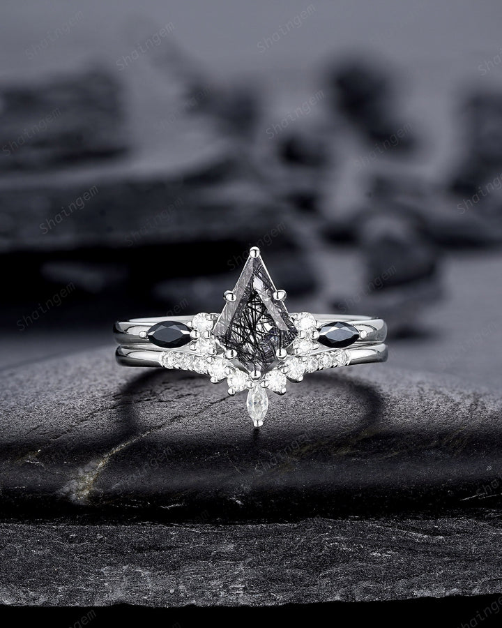 Vintage Kite Cut Black Rutilated Quartz Engagement Ring Set, 14K White Gold Promise Ring, Black Quartz Bridal Set Wedding Ring Gift for her - ShainJewelry