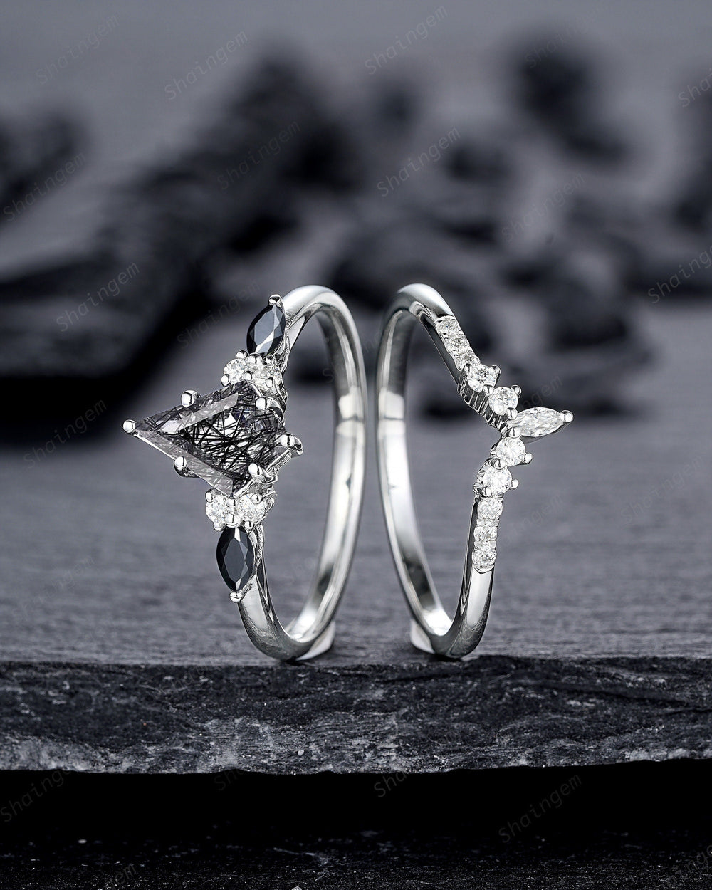 Vintage Kite Cut Black Rutilated Quartz Engagement Ring Set, 14K White Gold Promise Ring, Black Quartz Bridal Set Wedding Ring Gift for her - ShainJewelry