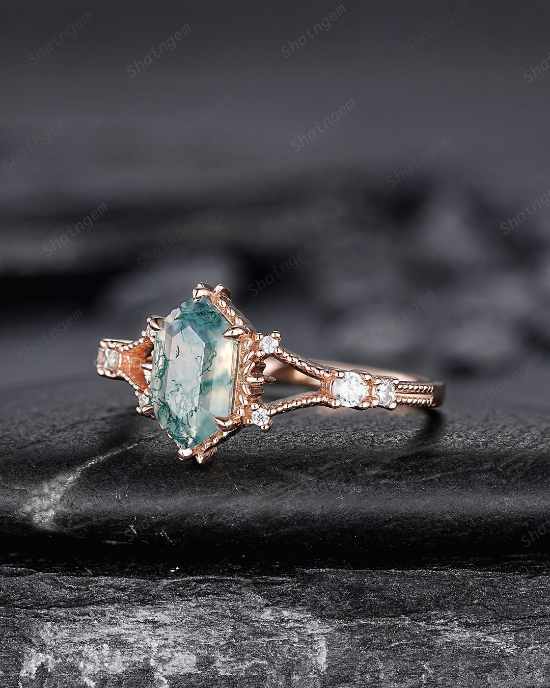 Hexagon Shape Moss Agate and Diamond Ring, Sterling Silver Elongated Moss Agate Engagement Ring, 14K Rose Gold Promise Anniversary Ring Gift - ShainJewelry