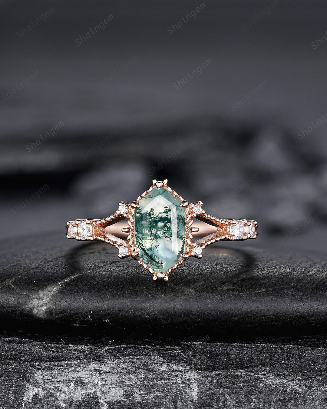 Hexagon Shape Moss Agate and Diamond Ring, Sterling Silver Elongated Moss Agate Engagement Ring, 14K Rose Gold Promise Anniversary Ring Gift - ShainJewelry