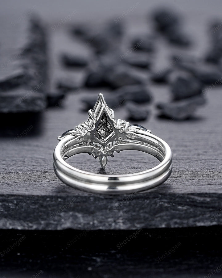 Vintage Kite Cut Black Rutilated Quartz Engagement Ring Set, 14K White Gold Promise Ring, Black Quartz Bridal Set Wedding Ring Gift for her - ShainJewelry