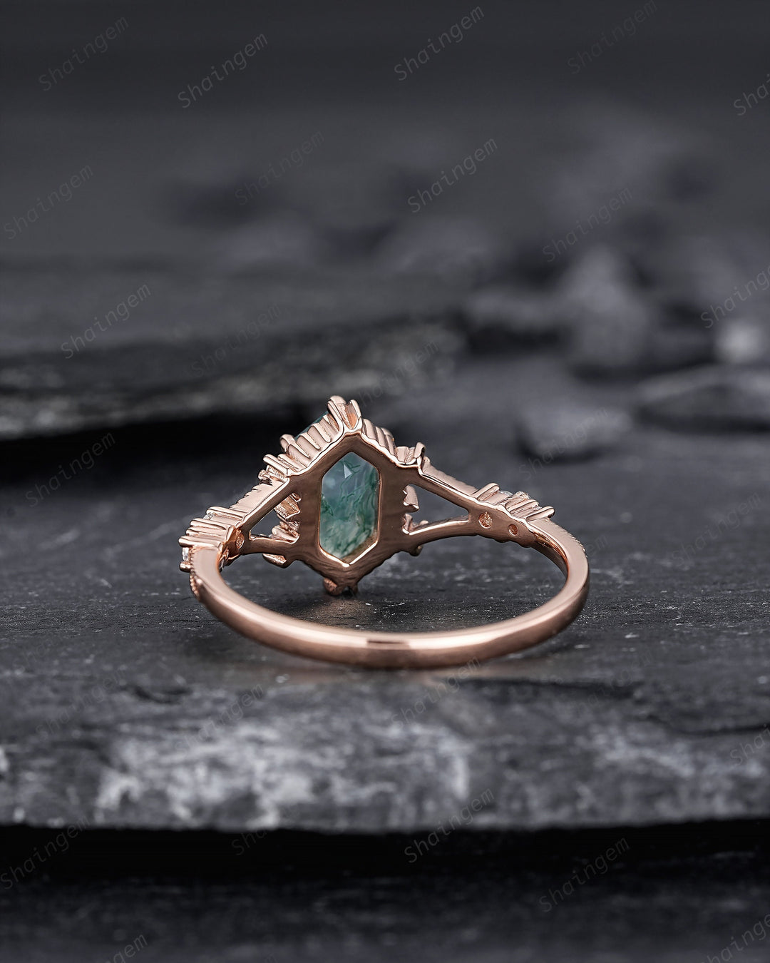 Hexagon Shape Moss Agate and Diamond Ring, Sterling Silver Elongated Moss Agate Engagement Ring, 14K Rose Gold Promise Anniversary Ring Gift - ShainJewelry