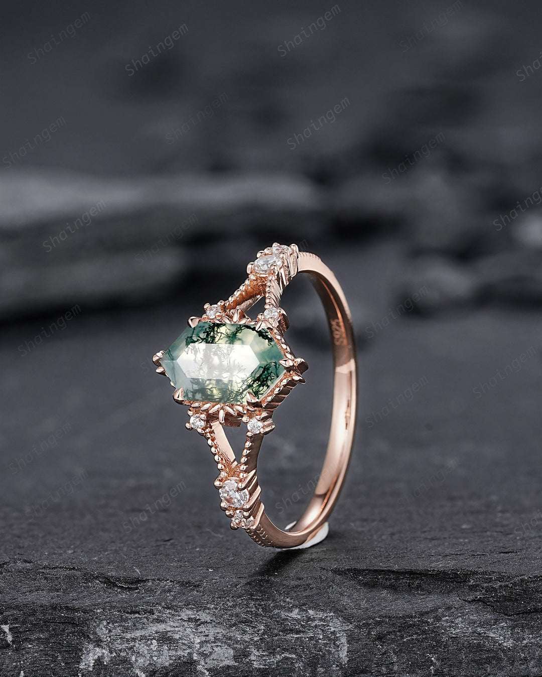 Hexagon Shape Moss Agate and Diamond Ring, Sterling Silver Elongated Moss Agate Engagement Ring, 14K Rose Gold Promise Anniversary Ring Gift - ShainJewelry