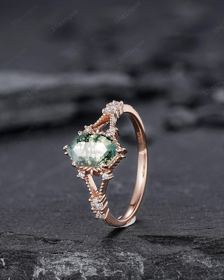 Hexagon Shape Moss Agate and Diamond Ring, Sterling Silver Elongated Moss Agate Engagement Ring, 14K Rose Gold Promise Anniversary Ring Gift - ShainJewelry