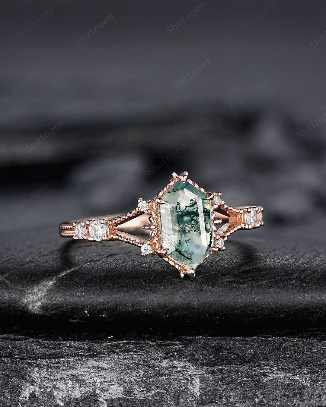 Hexagon Shape Moss Agate and Diamond Ring, Sterling Silver Elongated Moss Agate Engagement Ring, 14K Rose Gold Promise Anniversary Ring Gift - ShainJewelry
