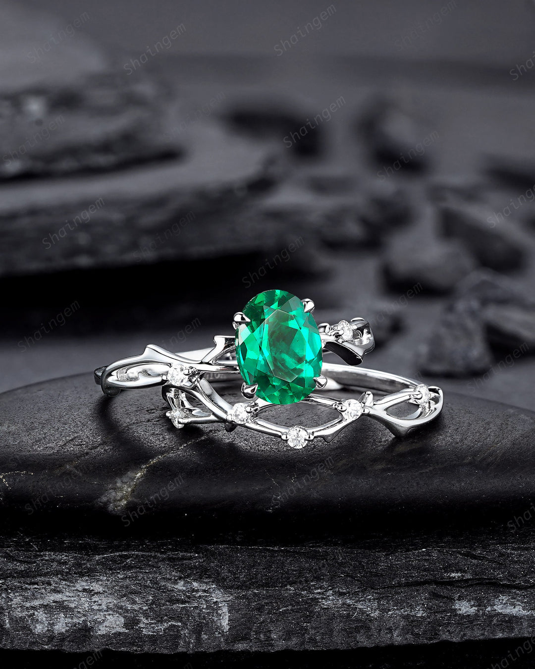 Platinum Oval Shape Emerald and Diamond Engagement Ring Set, White Gold Twig Branch Promise Ring, Silver Wedding Bridal Ring Set for Women - ShainJewelry