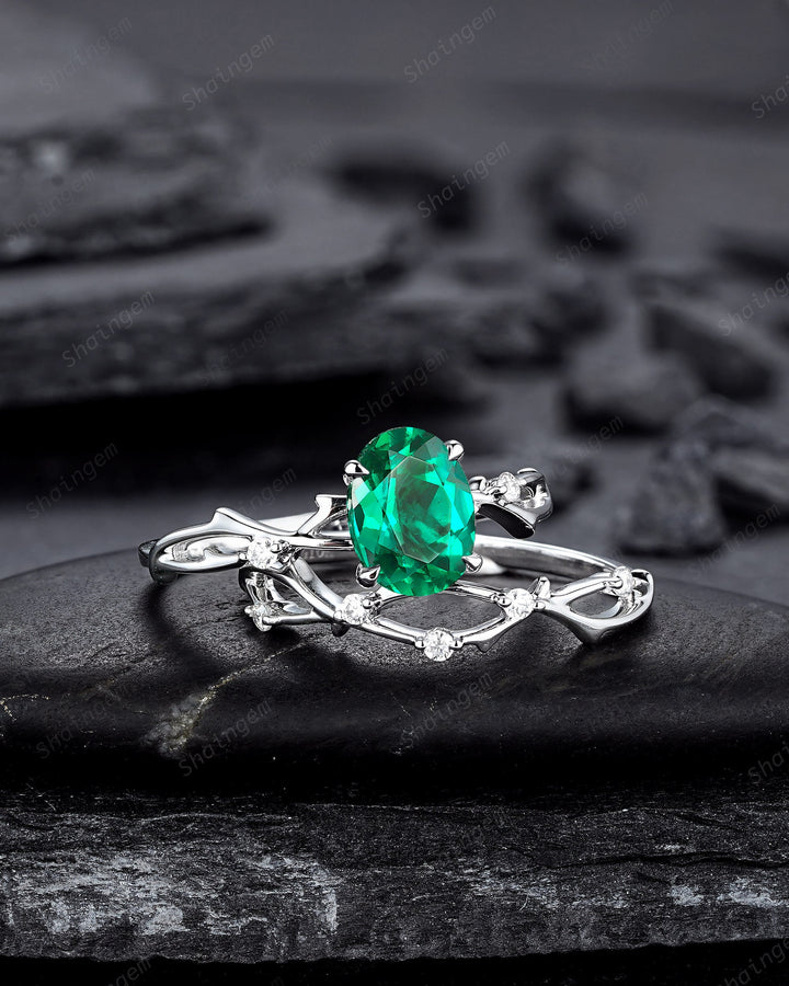 Platinum Oval Shape Emerald and Diamond Engagement Ring Set, White Gold Twig Branch Promise Ring, Silver Wedding Bridal Ring Set for Women - ShainJewelry