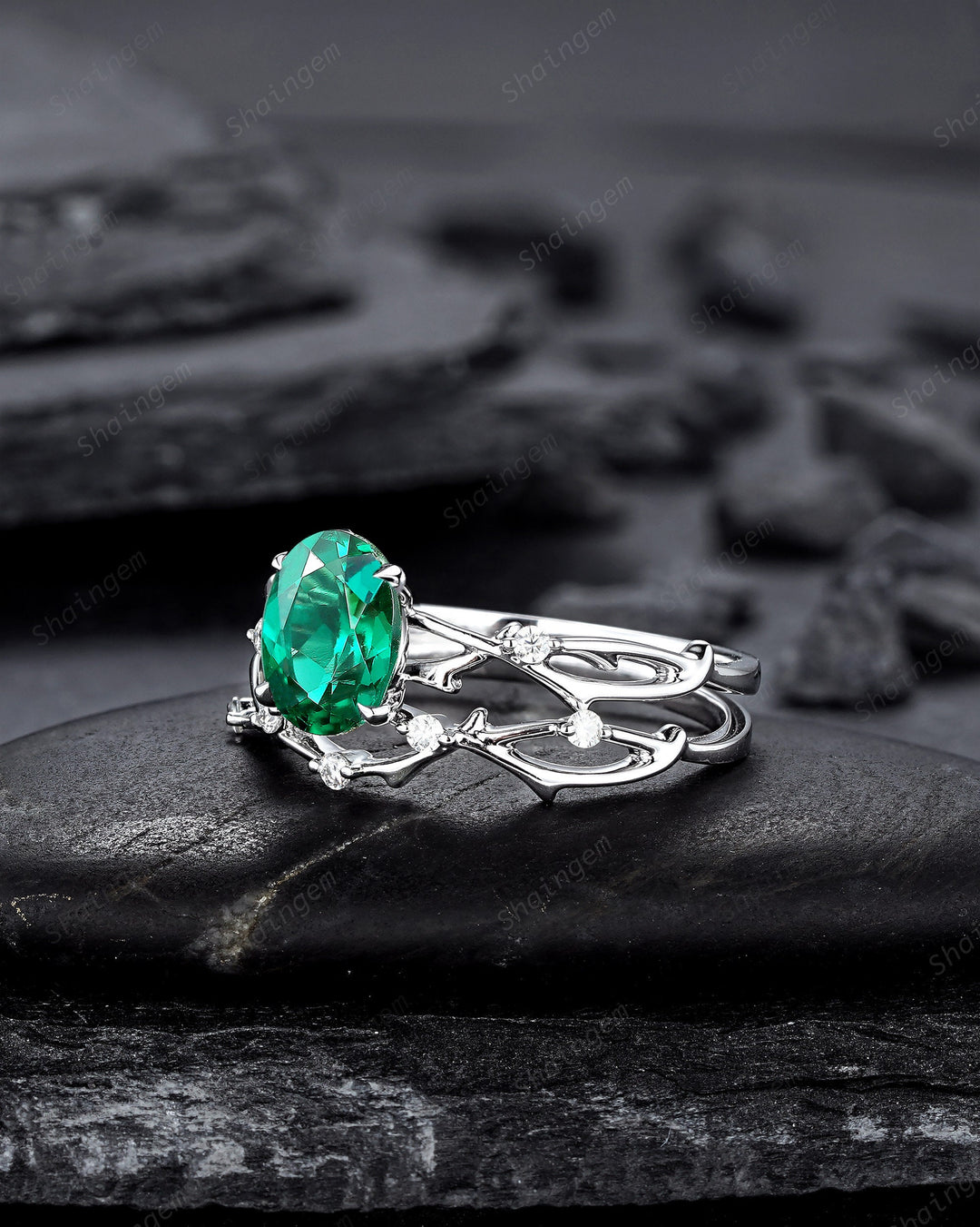 Platinum Oval Shape Emerald and Diamond Engagement Ring Set, White Gold Twig Branch Promise Ring, Silver Wedding Bridal Ring Set for Women - ShainJewelry