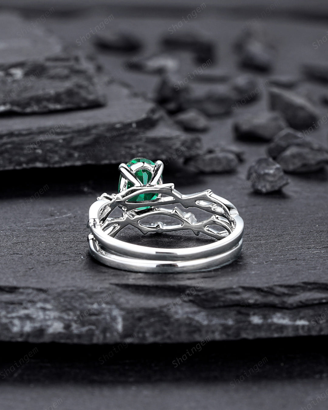 Platinum Oval Shape Emerald and Diamond Engagement Ring Set, White Gold Twig Branch Promise Ring, Silver Wedding Bridal Ring Set for Women - ShainJewelry