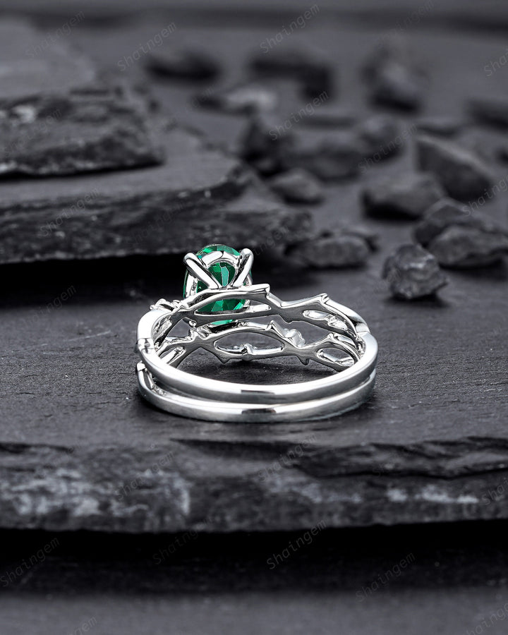 Platinum Oval Shape Emerald and Diamond Engagement Ring Set, White Gold Twig Branch Promise Ring, Silver Wedding Bridal Ring Set for Women - ShainJewelry
