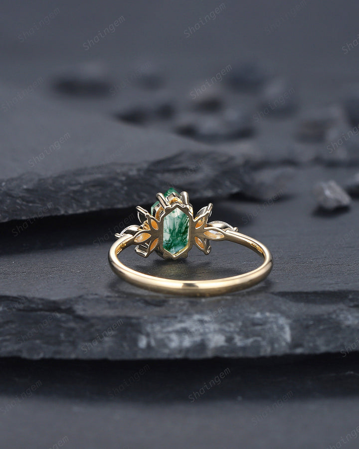 Vintage Hexagon Cut Moss Agate Cluster Engagement Ring, Yellow Gold Moss Agate Promise Ring, Silver Wedding Ring Anniversary Gift for Women - ShainJewelry