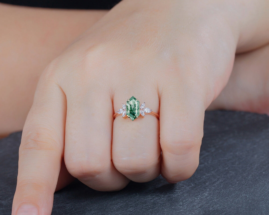 Vintage Hexagon Cut Moss Agate Cluster Engagement Ring, Yellow Gold Moss Agate Promise Ring, Silver Wedding Ring Anniversary Gift for Women - ShainJewelry