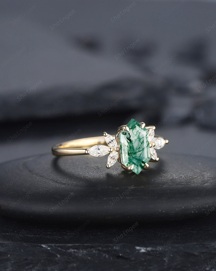 Vintage Hexagon Cut Moss Agate Cluster Engagement Ring, Yellow Gold Moss Agate Promise Ring, Silver Wedding Ring Anniversary Gift for Women - ShainJewelry