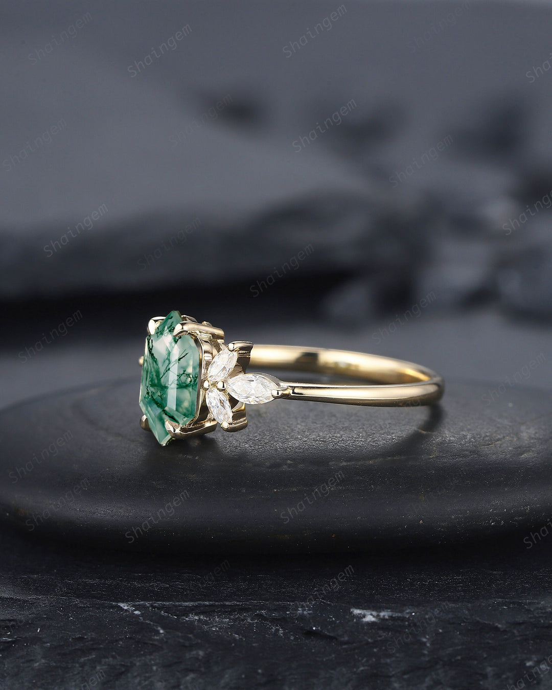 Vintage Hexagon Cut Moss Agate Cluster Engagement Ring, Yellow Gold Moss Agate Promise Ring, Silver Wedding Ring Anniversary Gift for Women - ShainJewelry