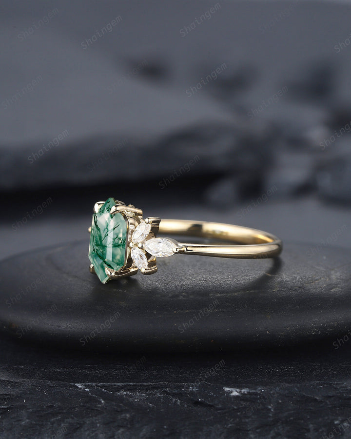 Vintage Hexagon Cut Moss Agate Cluster Engagement Ring, Yellow Gold Moss Agate Promise Ring, Silver Wedding Ring Anniversary Gift for Women - ShainJewelry