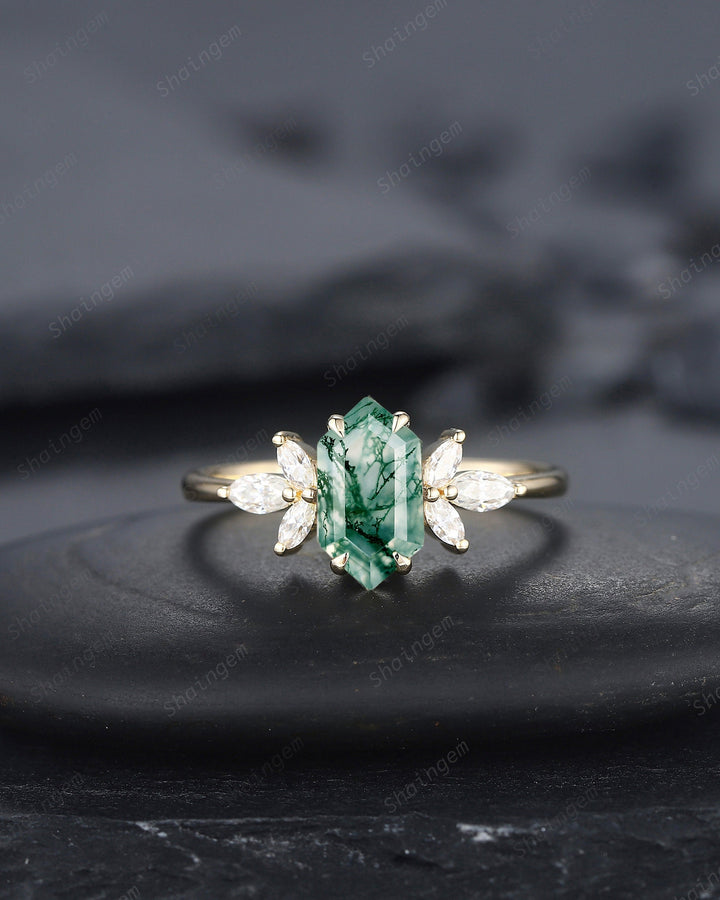 Vintage Hexagon Cut Moss Agate Cluster Engagement Ring, Yellow Gold Moss Agate Promise Ring, Silver Wedding Ring Anniversary Gift for Women - ShainJewelry