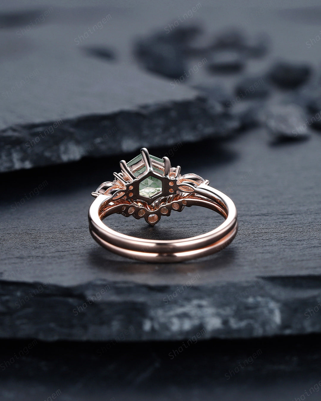 Hexagon Cut Moss Agate Engagement Ring, Vintage Rose Gold Moss Agate Promise Ring, Silver Wedding Ring Gift for Women - ShainJewelry