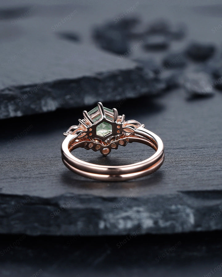 Hexagon Cut Moss Agate Engagement Ring, Vintage Rose Gold Moss Agate Promise Ring, Silver Wedding Ring Gift for Women - ShainJewelry