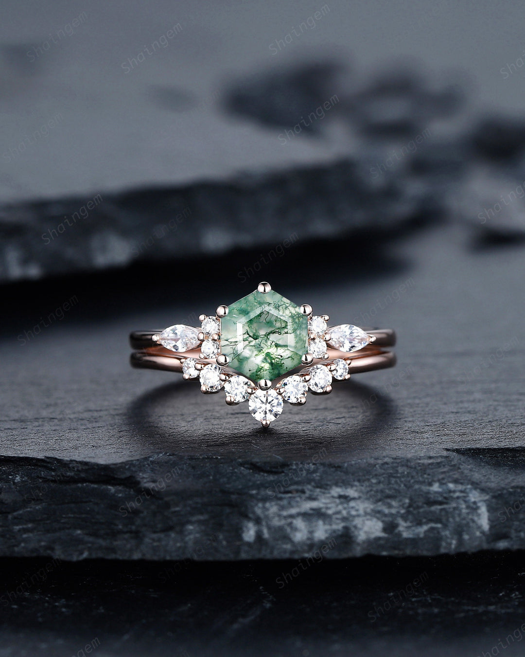 Hexagon Cut Moss Agate Engagement Ring, Vintage Rose Gold Moss Agate Promise Ring, Silver Wedding Ring Gift for Women - ShainJewelry