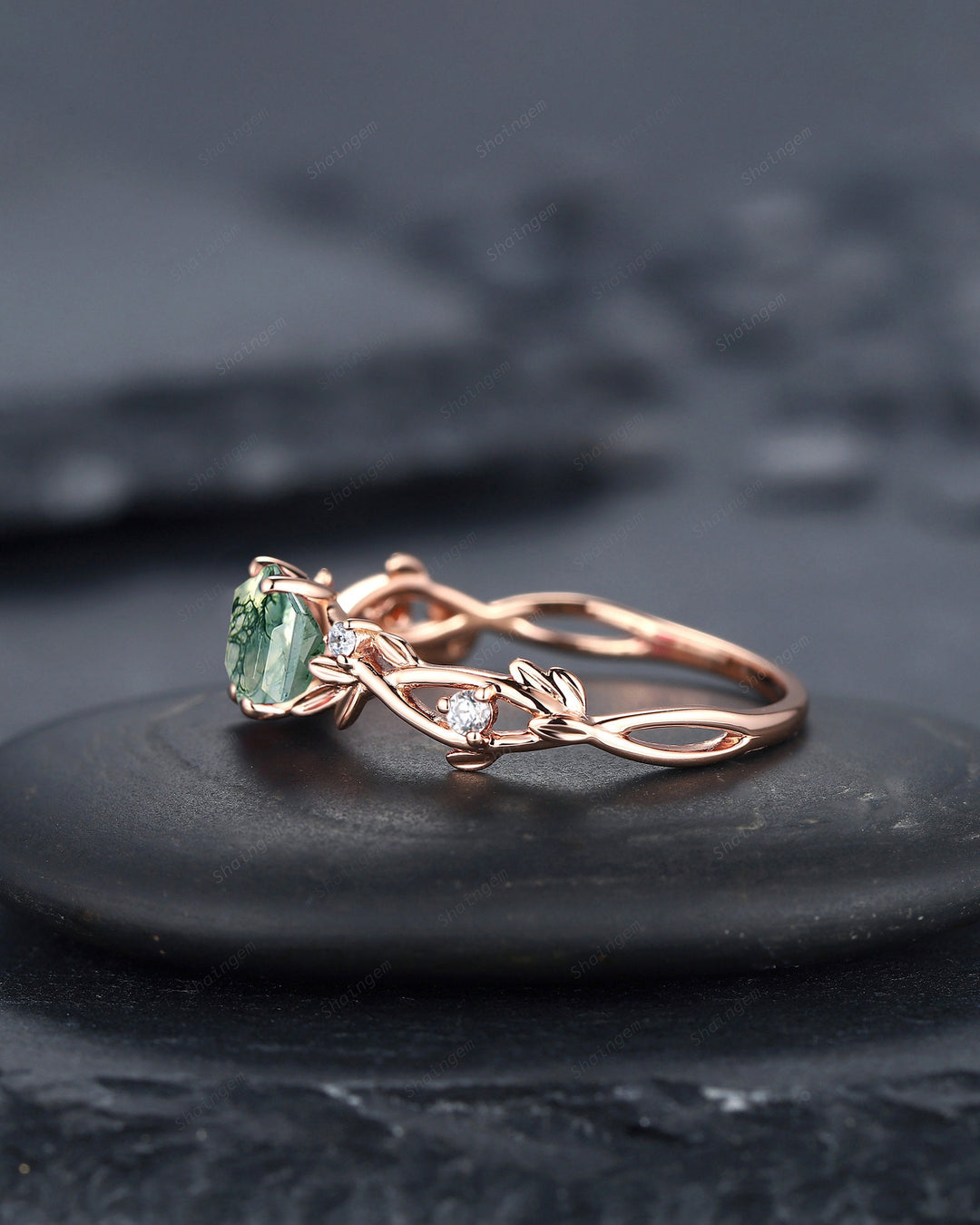 Unique Hexagon Cut Moss Agate Leaf Engagement Ring, Vintage 14K Rose Gold Twig Branch Promise Ring, Art Deco Silver Wedding Ring for Women - ShainJewelry