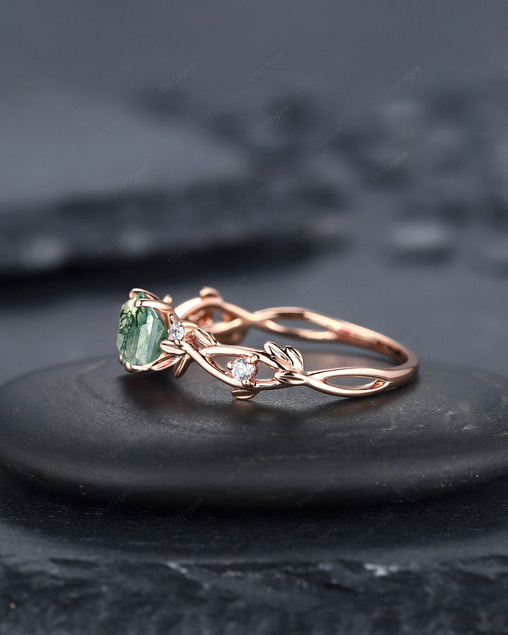 Unique Hexagon Cut Moss Agate Leaf Engagement Ring, Vintage 14K Rose Gold Twig Branch Promise Ring, Art Deco Silver Wedding Ring for Women - ShainJewelry
