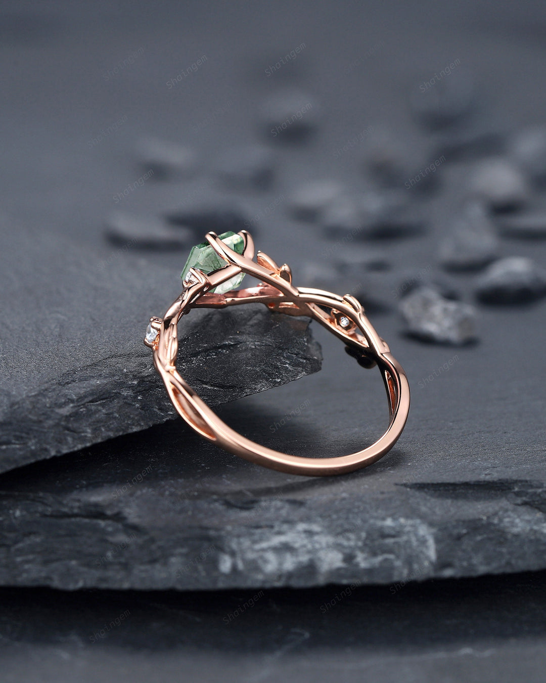 Unique Hexagon Cut Moss Agate Leaf Engagement Ring, Vintage 14K Rose Gold Twig Branch Promise Ring, Art Deco Silver Wedding Ring for Women - ShainJewelry