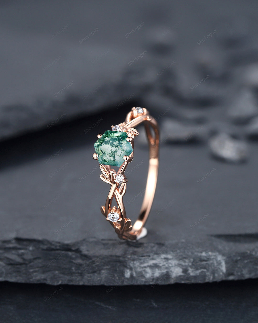 Unique Hexagon Cut Moss Agate Leaf Engagement Ring, Vintage 14K Rose Gold Twig Branch Promise Ring, Art Deco Silver Wedding Ring for Women - ShainJewelry