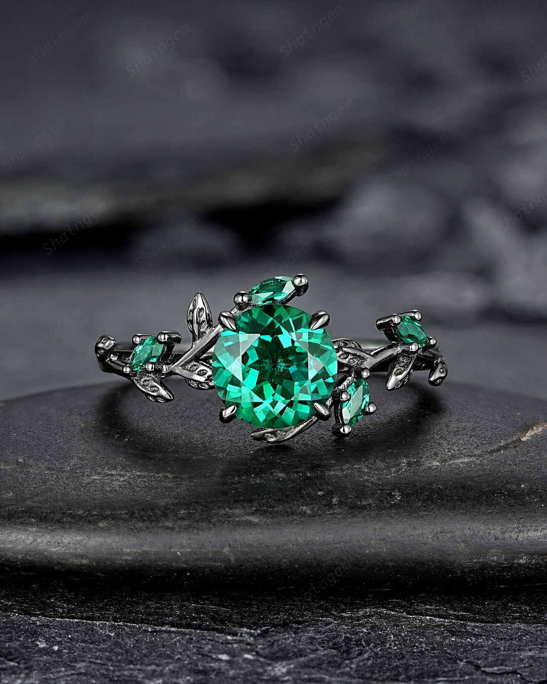 Vintage Black Gold Round Shape Emerald Leaf Engagement Ring, Unique Rhodium Black Twig Branch Wedding Set Witchy Promise Ring Gift for Women - ShainJewelry