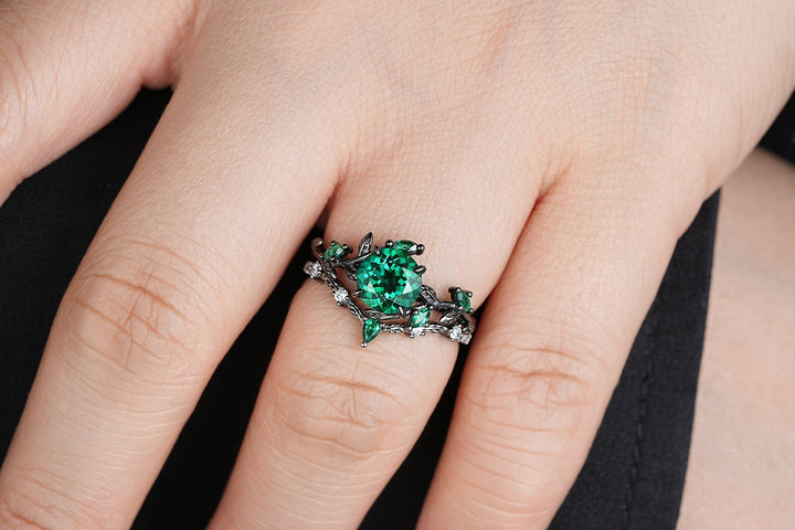 Vintage Black Gold Round Shape Emerald Leaf Engagement Ring, Unique Rhodium Black Twig Branch Wedding Set Witchy Promise Ring Gift for Women - ShainJewelry