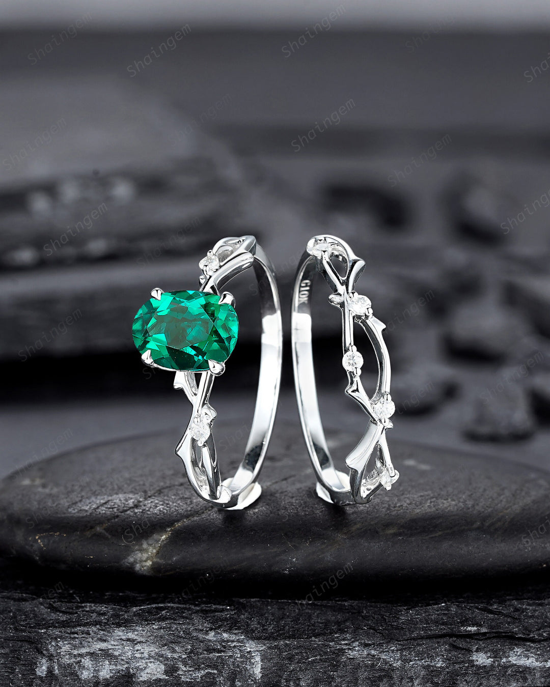 Platinum Oval Shape Emerald and Diamond Engagement Ring Set, White Gold Twig Branch Promise Ring, Silver Wedding Bridal Ring Set for Women - ShainJewelry
