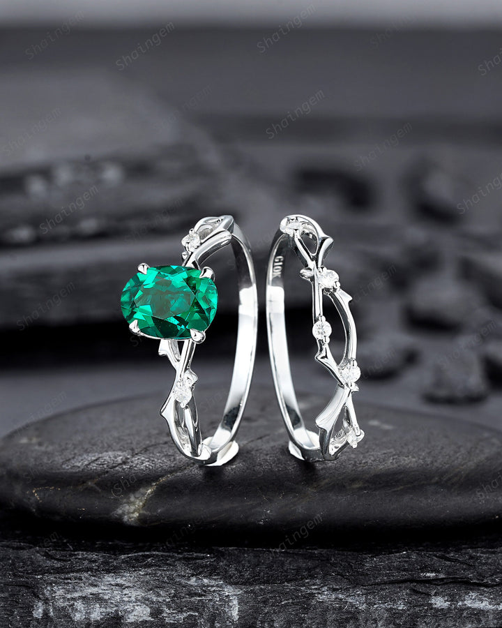 Platinum Oval Shape Emerald and Diamond Engagement Ring Set, White Gold Twig Branch Promise Ring, Silver Wedding Bridal Ring Set for Women - ShainJewelry