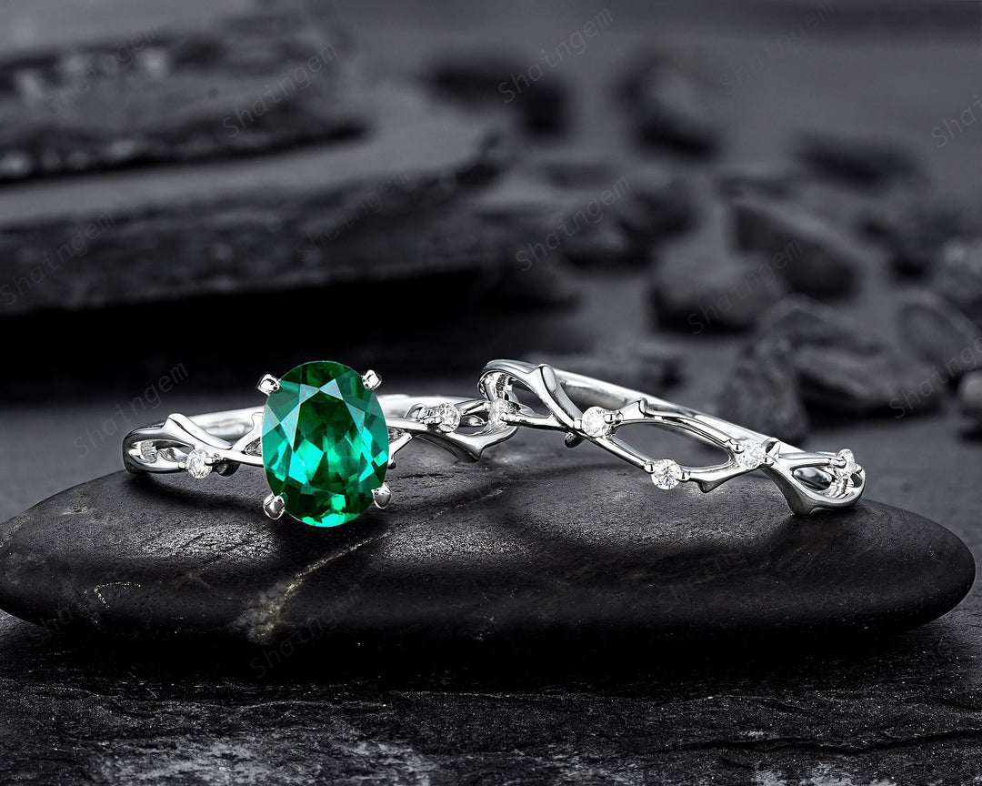 Platinum Oval Shape Emerald and Diamond Engagement Ring Set, White Gold Twig Branch Promise Ring, Silver Wedding Bridal Ring Set for Women - ShainJewelry