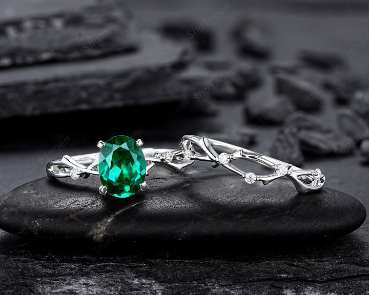 Platinum Oval Shape Emerald and Diamond Engagement Ring Set, White Gold Twig Branch Promise Ring, Silver Wedding Bridal Ring Set for Women - ShainJewelry
