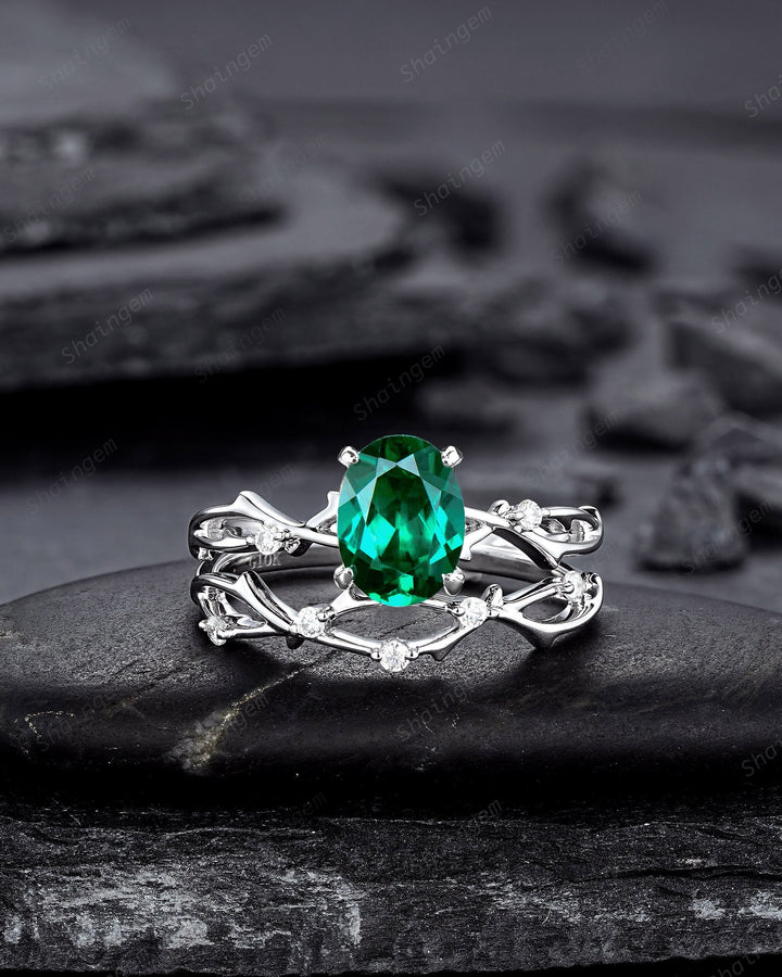 Platinum Oval Shape Emerald and Diamond Engagement Ring Set, White Gold Twig Branch Promise Ring, Silver Wedding Bridal Ring Set for Women - ShainJewelry