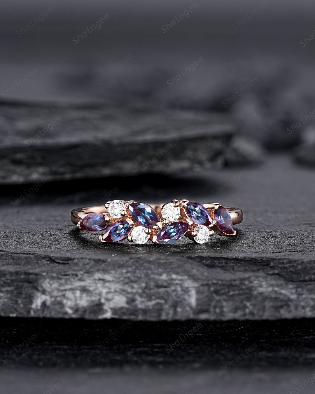 Dainty Marquise Alexandrite Engagement Ring, Rose gold Matching Band, Half Eternity Wedding Band, June Birthstone Promise Ring Enhancer - ShainJewelry