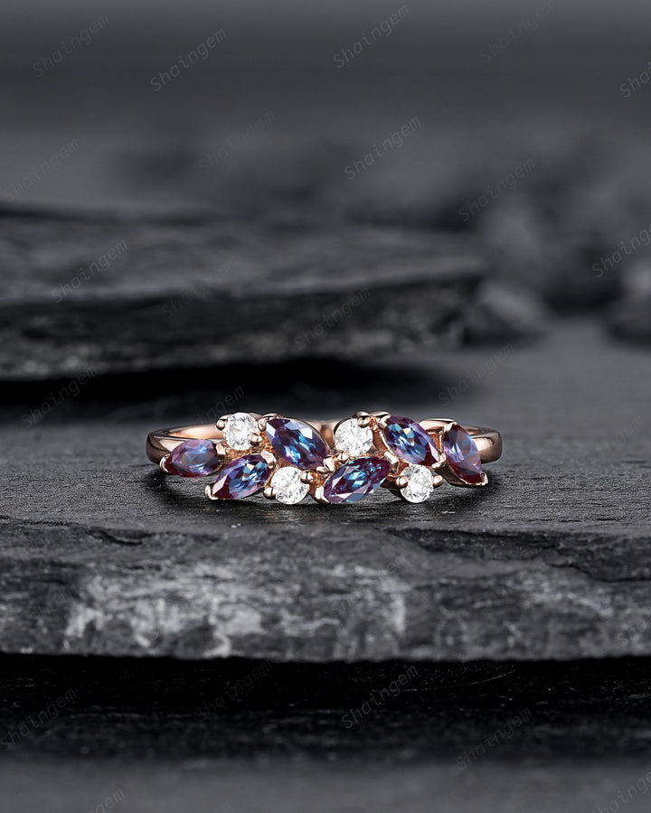 Dainty Marquise Alexandrite Engagement Ring, Rose gold Matching Band, Half Eternity Wedding Band, June Birthstone Promise Ring Enhancer - ShainJewelry