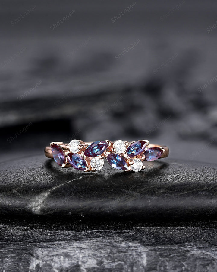 Dainty Marquise Alexandrite Engagement Ring, Rose gold Matching Band, Half Eternity Wedding Band, June Birthstone Promise Ring Enhancer - ShainJewelry